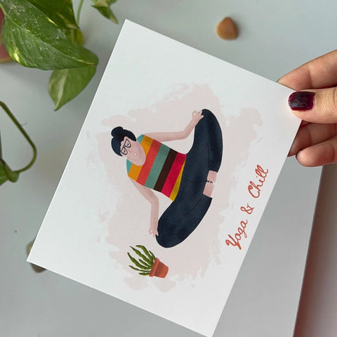Minimalist yoga-themed postcard with colorful stripes and calming vibe for wall decor
