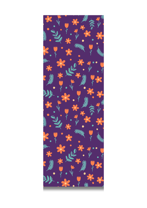 Purple background with orange flowers and green leaves seamless pattern, eco-friendly stationery design