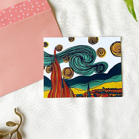 Artistic postcard with a colorful abstract landscape and swirling sky on white fabric background.van gogh inspired