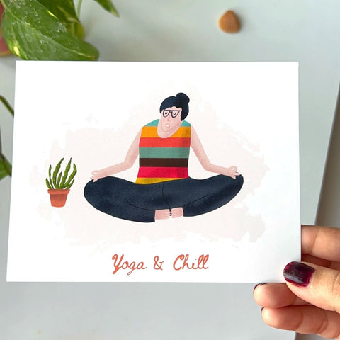 Illustration of a woman doing yoga with "Yoga & Chill" text on a postcard with plants around