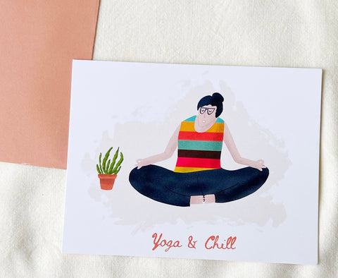Illustration of a person in a yoga pose with 'Yoga & Chill' text on a card.