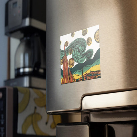 Fridge magnet art featuring a vibrant, stylized Starry Night landscape