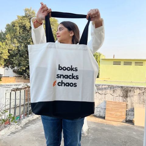 Aesthetic oversized tote bag with books snacks & chaos quote for everyday use