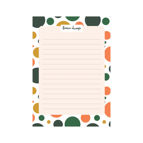 Eco-friendly lined notepad with colorful geometric circles and heading brain dump for notes