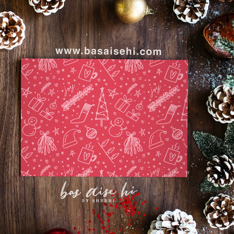 Festive Christmas greeting card with snowman, gifts, and holiday decor