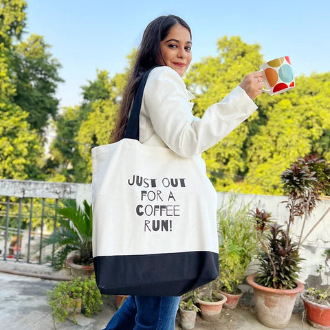 Large canvas tote bag with “Coffee Run” printed in bold font, perfect for errands