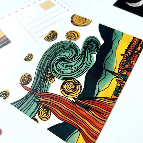 "Bold modern wall art postcard featuring swirling night sky"