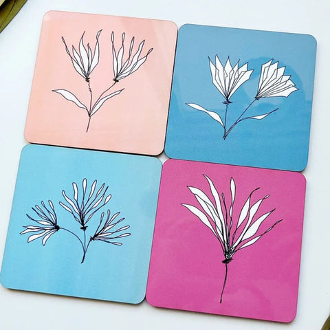 Set of 4 pastel floral coasters with minimal line art design