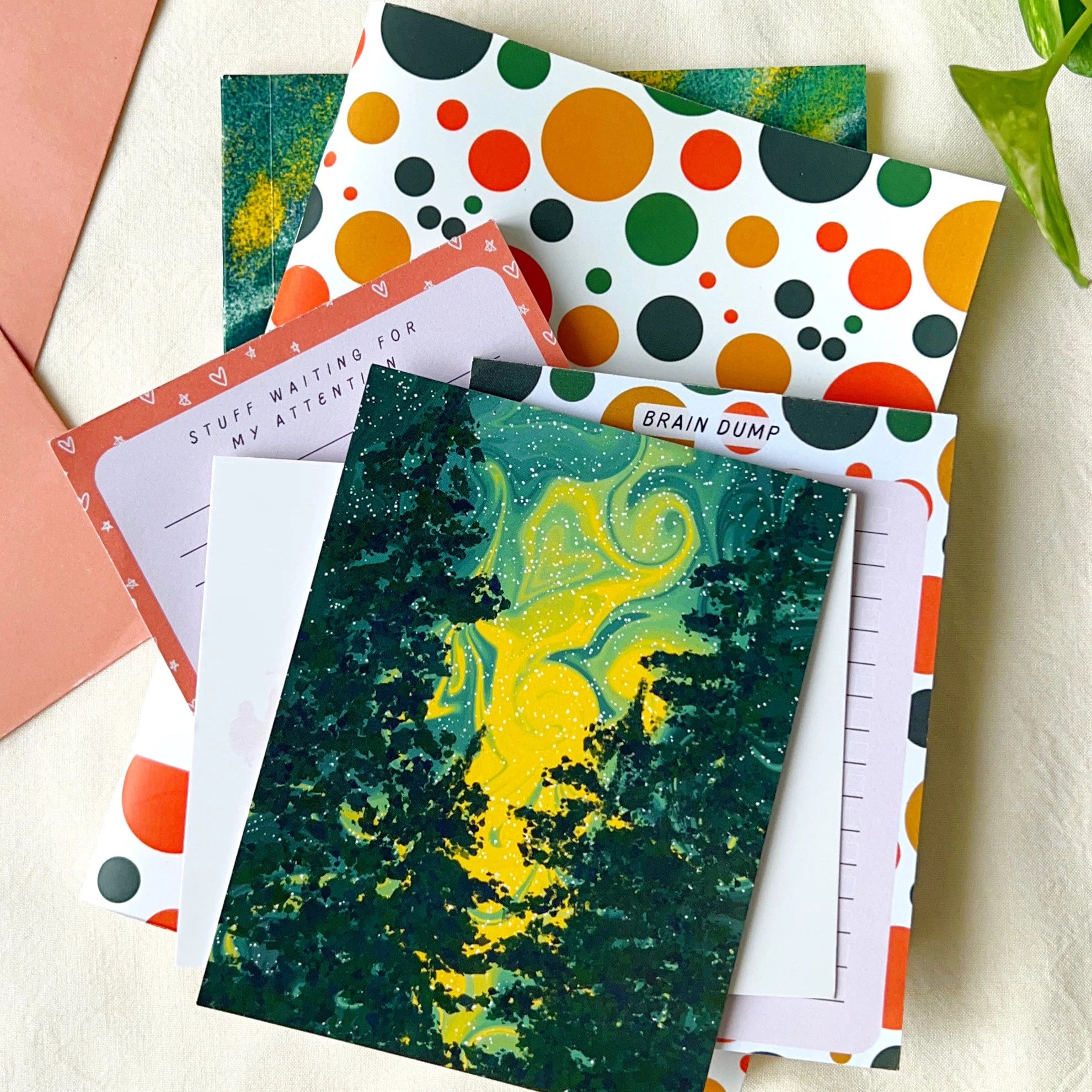 Forest theme art postcard with botanical and woodland scene