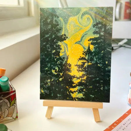 Mini desk art featuring a glowing forest under a magical night sky