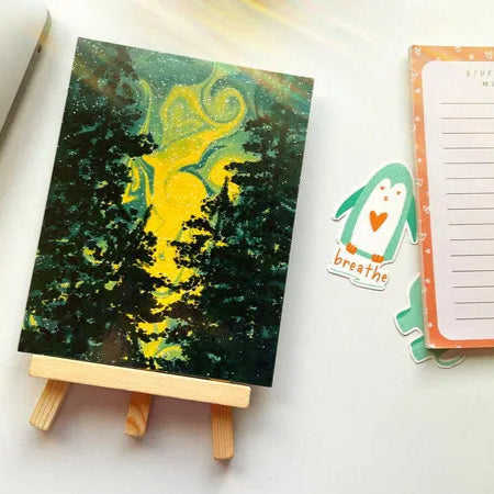 Whimsical forest painting with yellow and green swirling sky