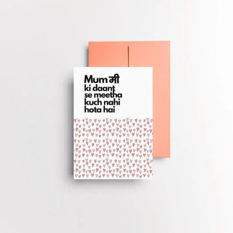 Desi mom card with coral envelope and humorous quote in Hindi