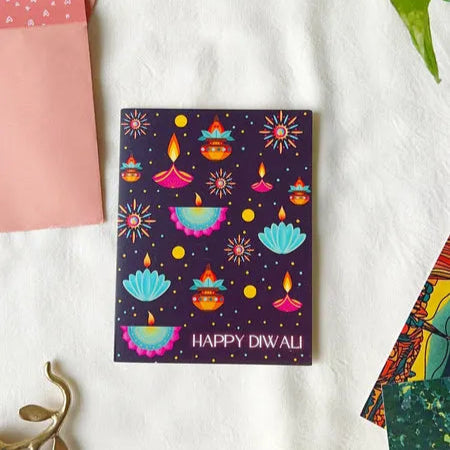 Bright and joyful Diwali card with handmade diya illustrations