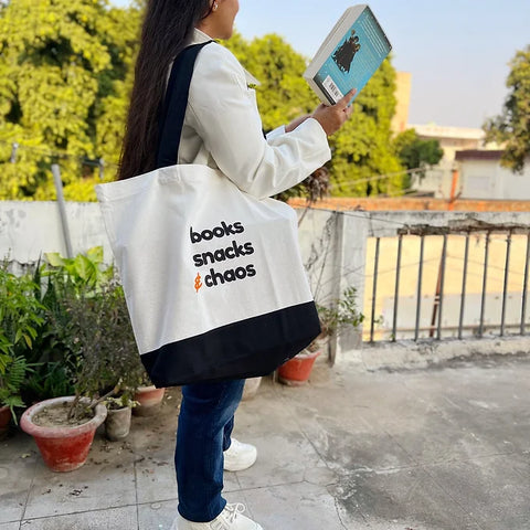 Trendy book lover tote bag with bold typography and minimalist design