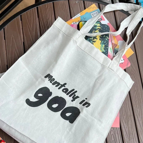 "Reusable white tote bag for travel lovers and Goa dreamers
