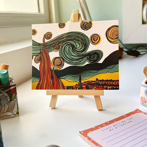 Mini art card with starry sky illustration in vivid colors