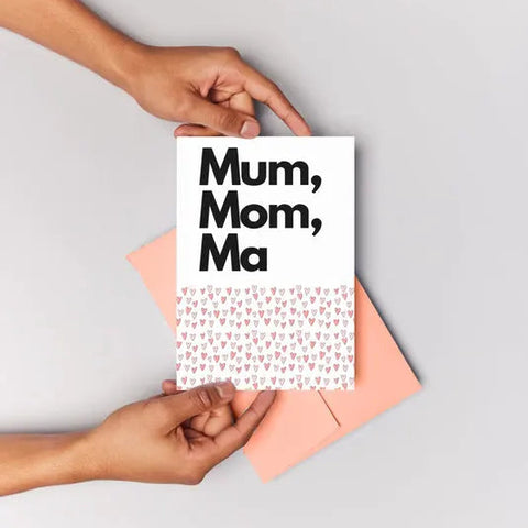 Mother’s Day card design with coral envelope and Mum, Mom, Ma printed on front
