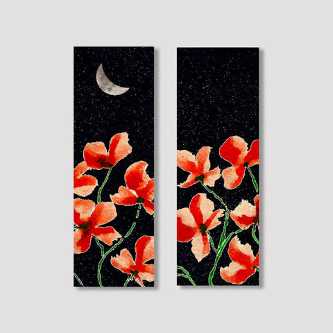 Set of two bookmarks featuring red poppy flowers under a starry night sky with a crescent moon on one bookmark