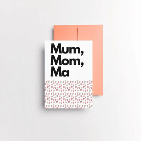 Funny and modern card for mom featuring minimalist black typography and heart pattern