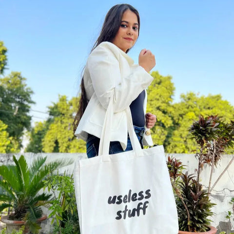 Reusable eco tote bag with quirky "useless stuff" lettering