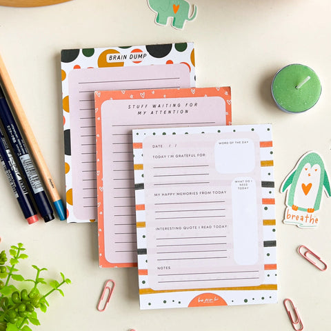 Self-care notepad design for tracking gratitude and positive moments.