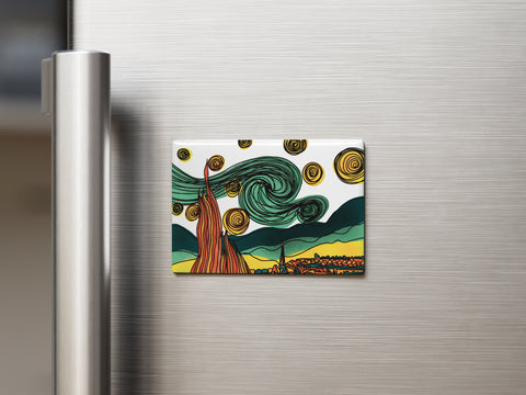 Fridge magnet with a stylized design of a tree and swirling patterns on a metallic refrigerator.van gogh inspired