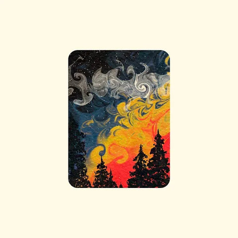 Creative playing card with vibrant forest scene and cosmic smoke effect.