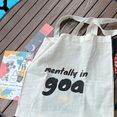 "Stylish casual tote bag with 'Mentally in Goa' printed design"