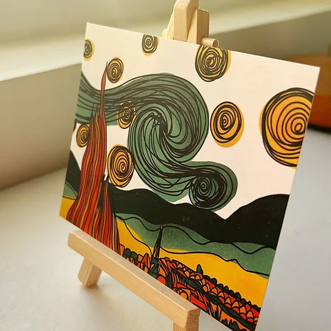 Colorful swirly sky artwork styled on a wooden easel