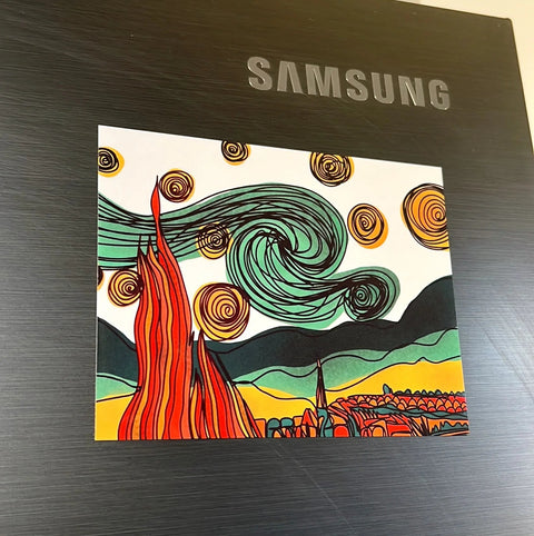 Handmade fridge magnet showcasing a contemporary version of Van Gogh’s Starry Night