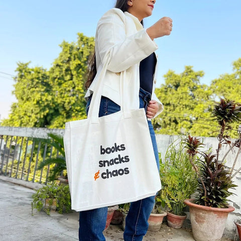 Bookish aesthetic tote bag with printed quote for everyday errands
